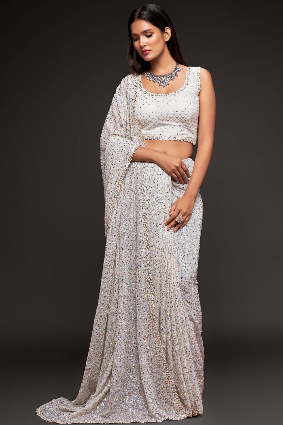 Pearl White Sequin Embellished Georgette Party Wear Saree