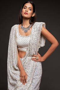 Pearl White Sequin Embellished Georgette Party Wear Saree