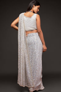 Pearl White Sequin Embellished Georgette Party Wear Saree