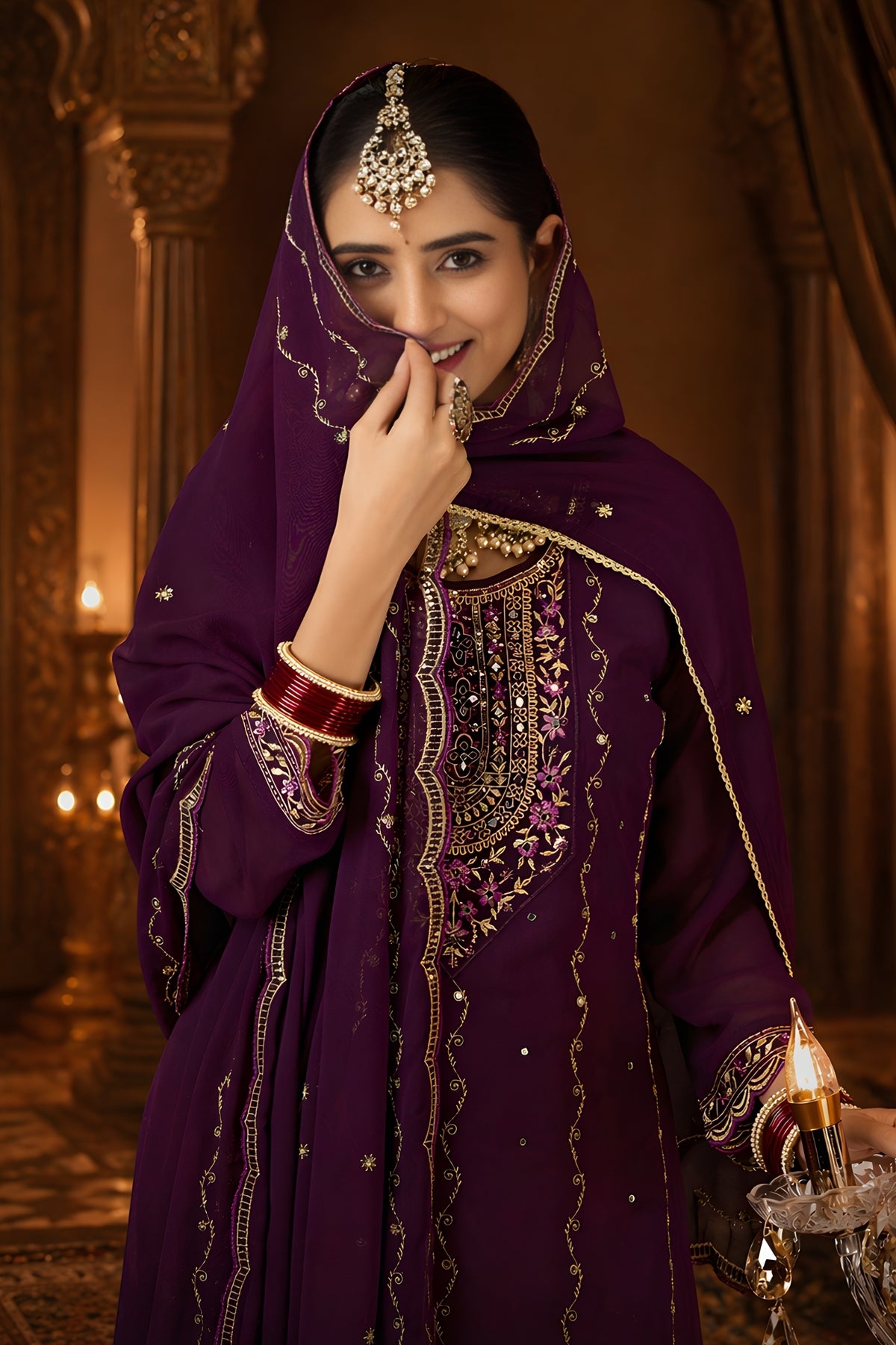 Woman in a purple embroidered outfit with gold detailing in a warm-toned setting.