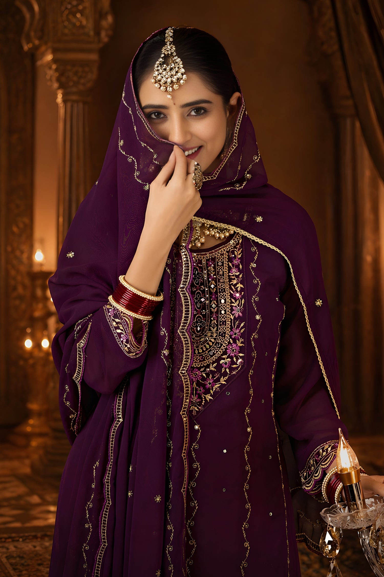 Woman in a purple embroidered outfit with gold detailing in a warm-toned setting.