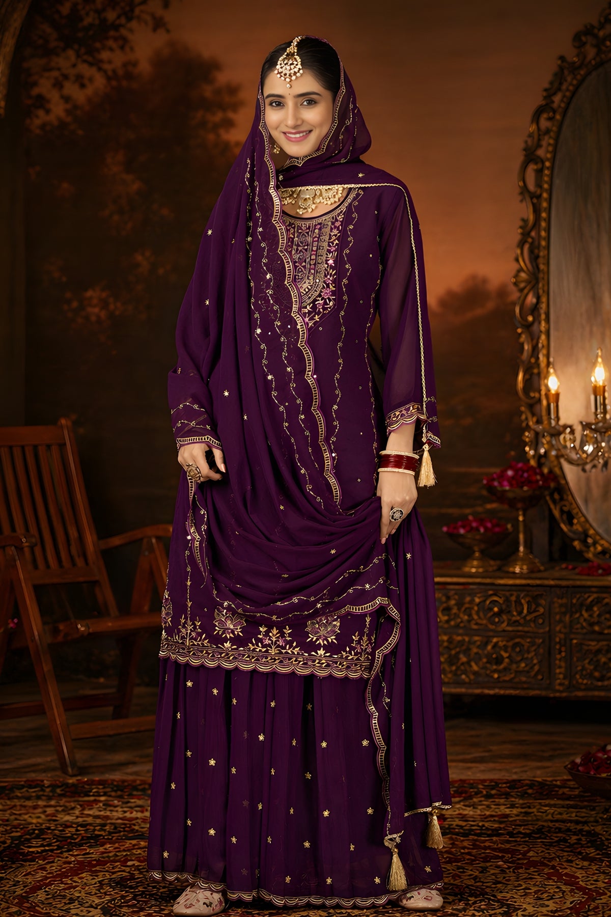 Mastani Purple Georgette Sharara Set with Mirror Work & Heavy Dupatta