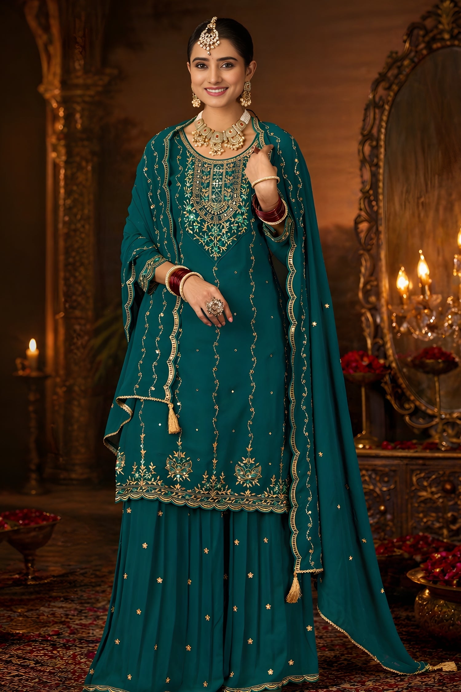 Mastani Green Georgette Sharara Set with Mirror Work & Heavy Dupatta