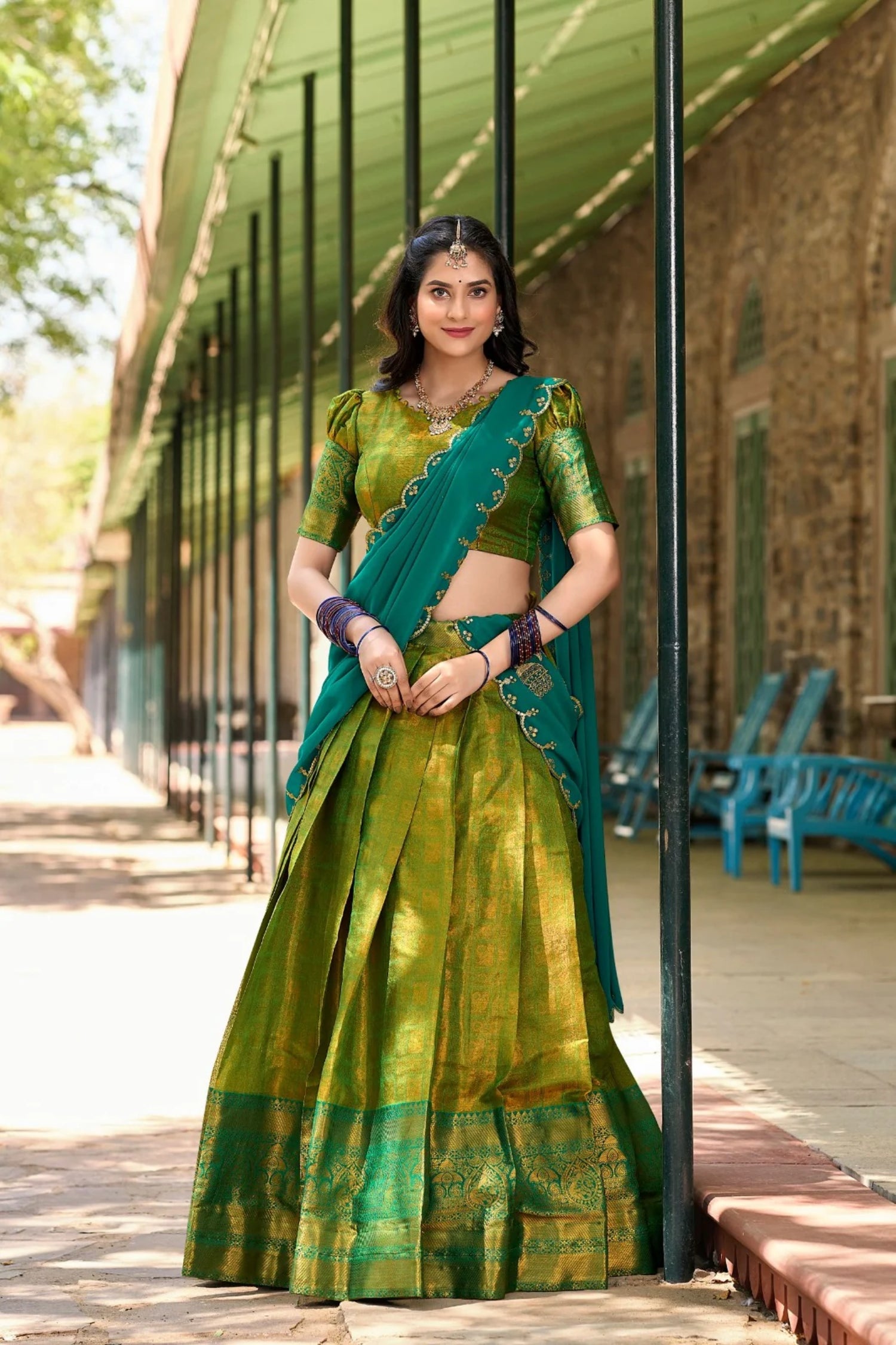 Regal Parrot Color Kanjivaram Silk Lehenga