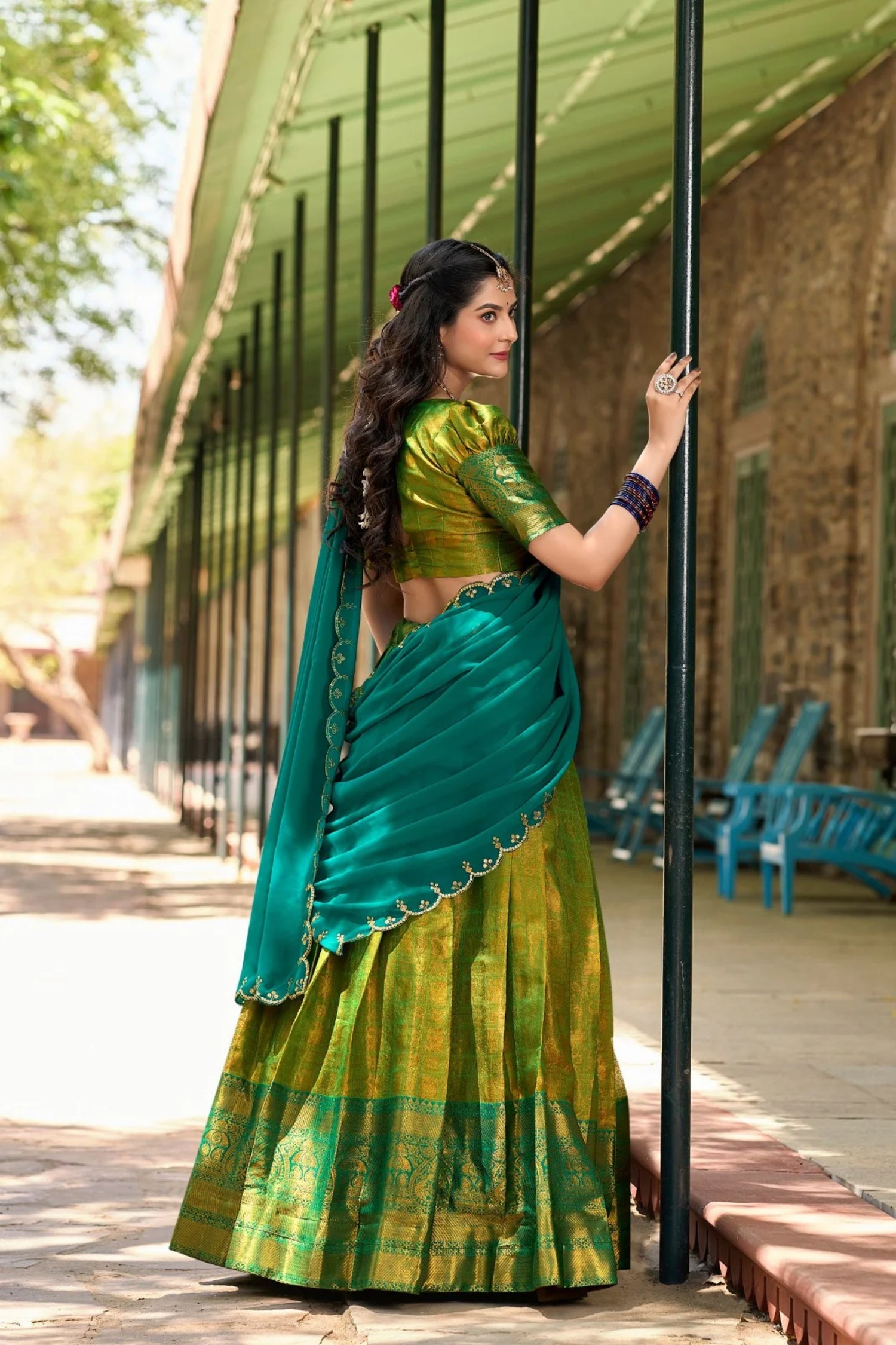 Regal Parrot Color Kanjivaram Silk Lehenga