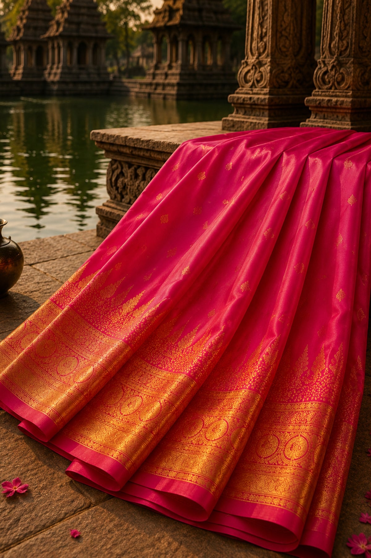 A draped pink silk saree with a rich gold zari border, displayed on a stone platform next to a reflective pond with traditional stone pillars in the background.