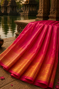 A draped pink silk saree with a rich gold zari border, displayed on a stone platform next to a reflective pond with traditional stone pillars in the background.