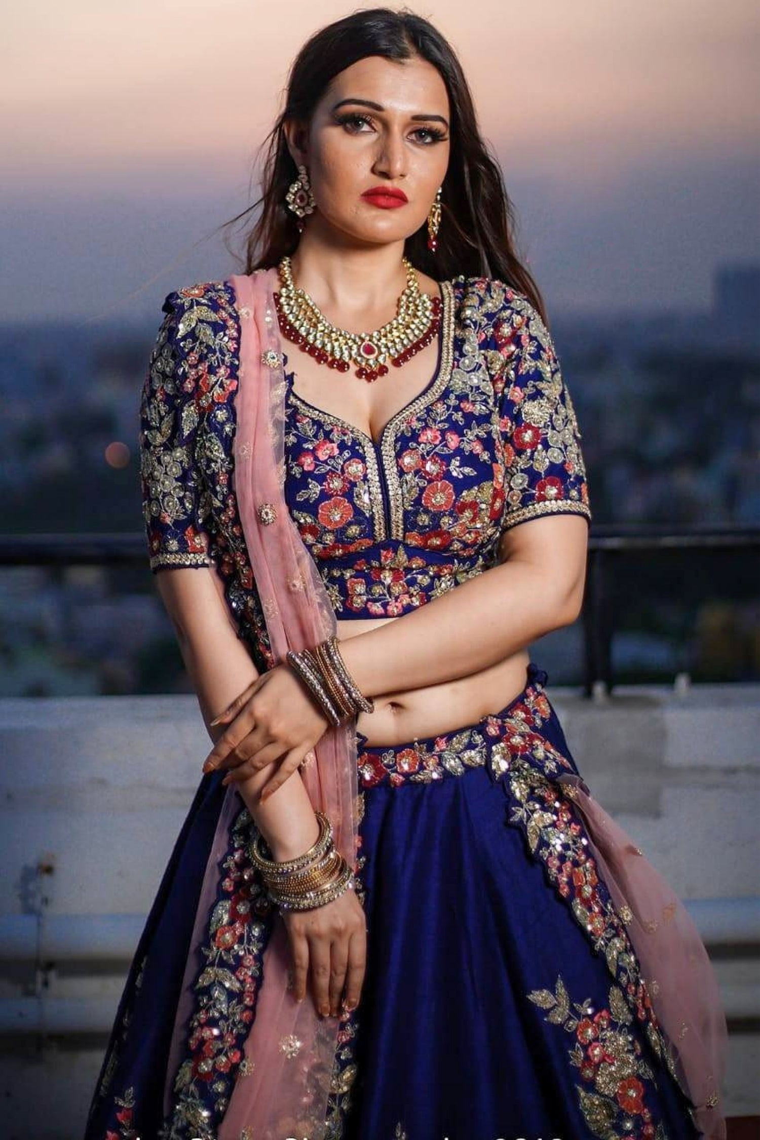 Royal Blue Bridal Floral Embroidered Lehenga