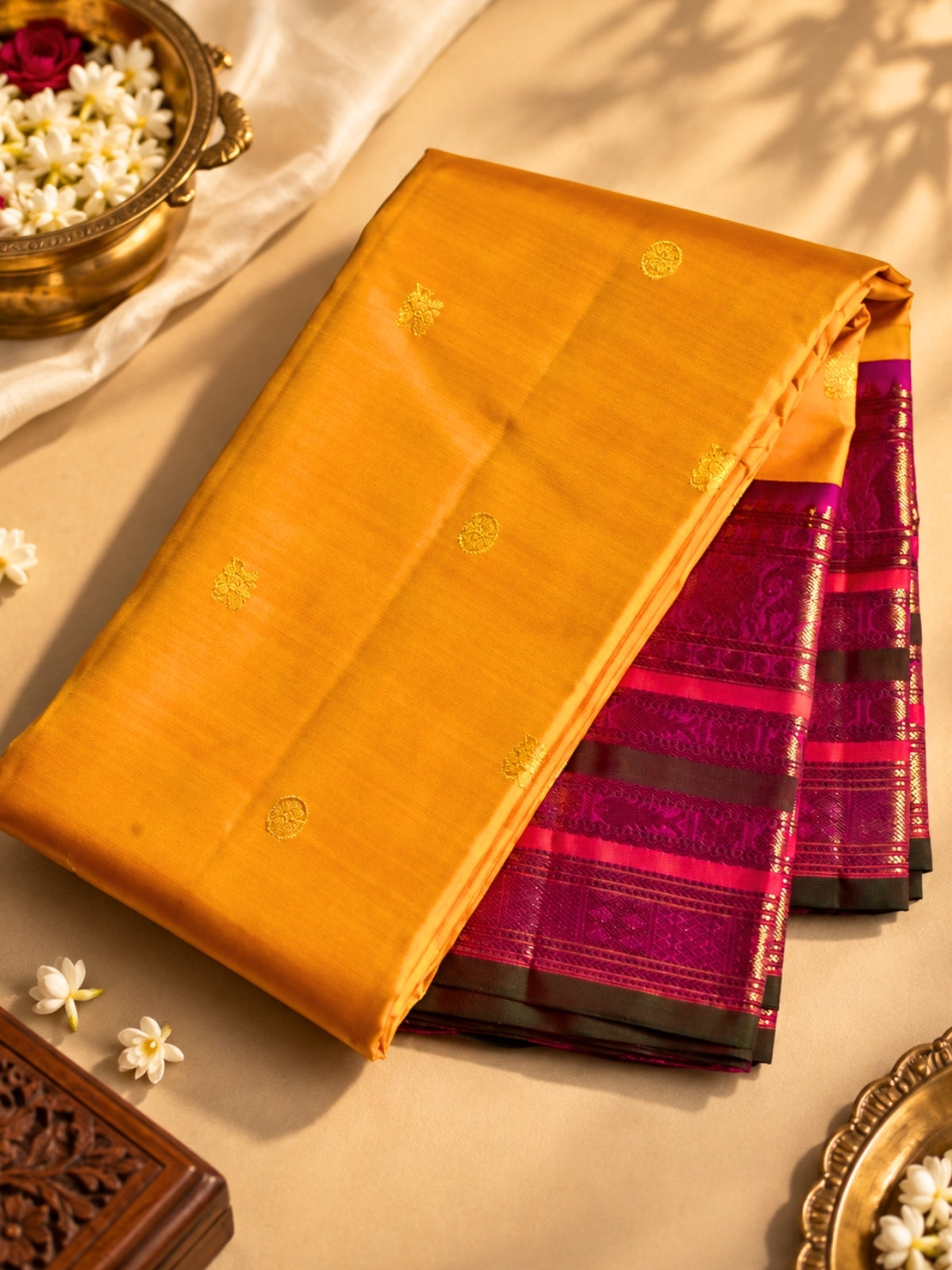 Yellow-Gold Silk Saree with Magenta Zari Border