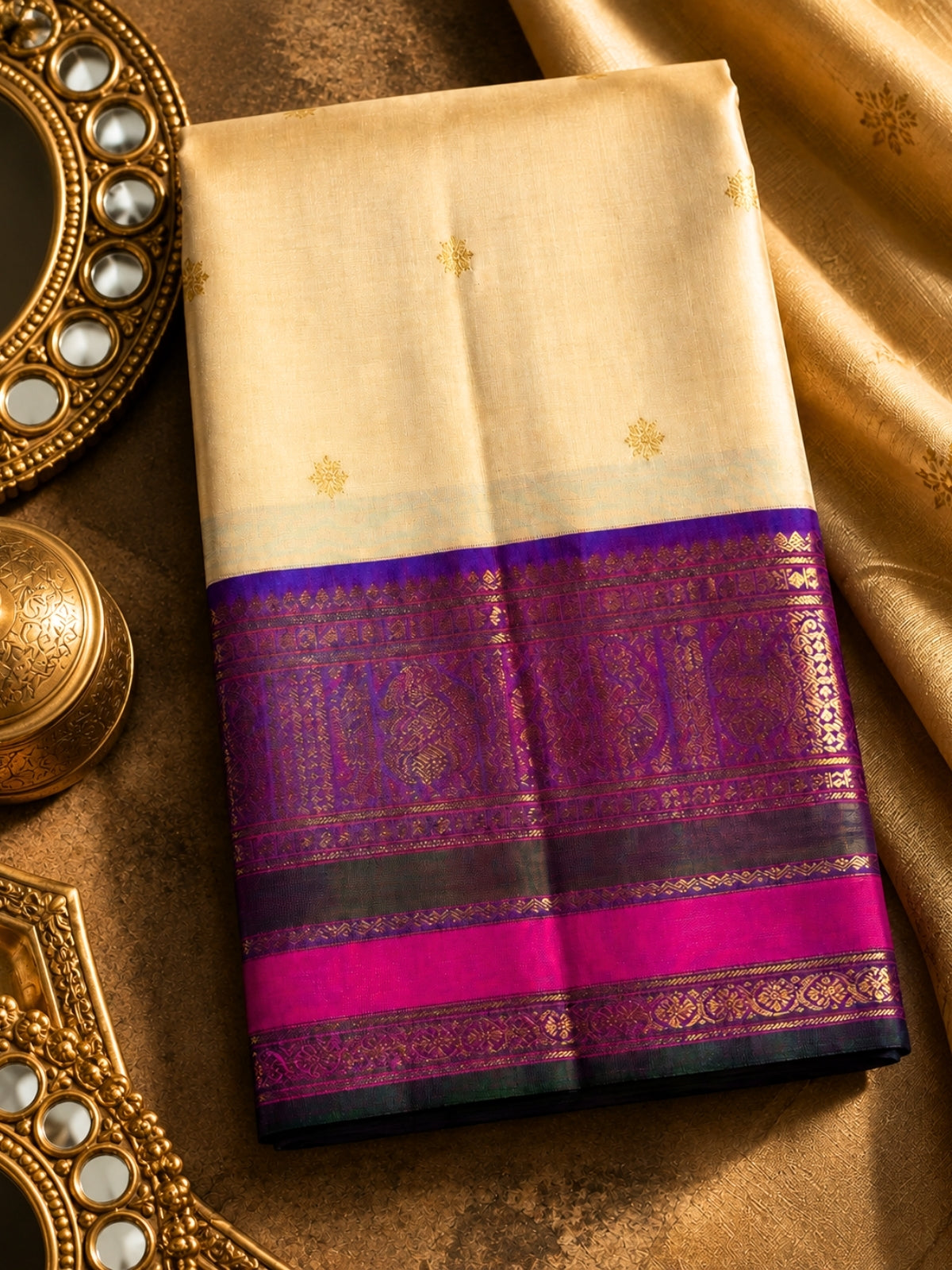 Pale Sandal Silk Saree with Contrasting Blue Border
