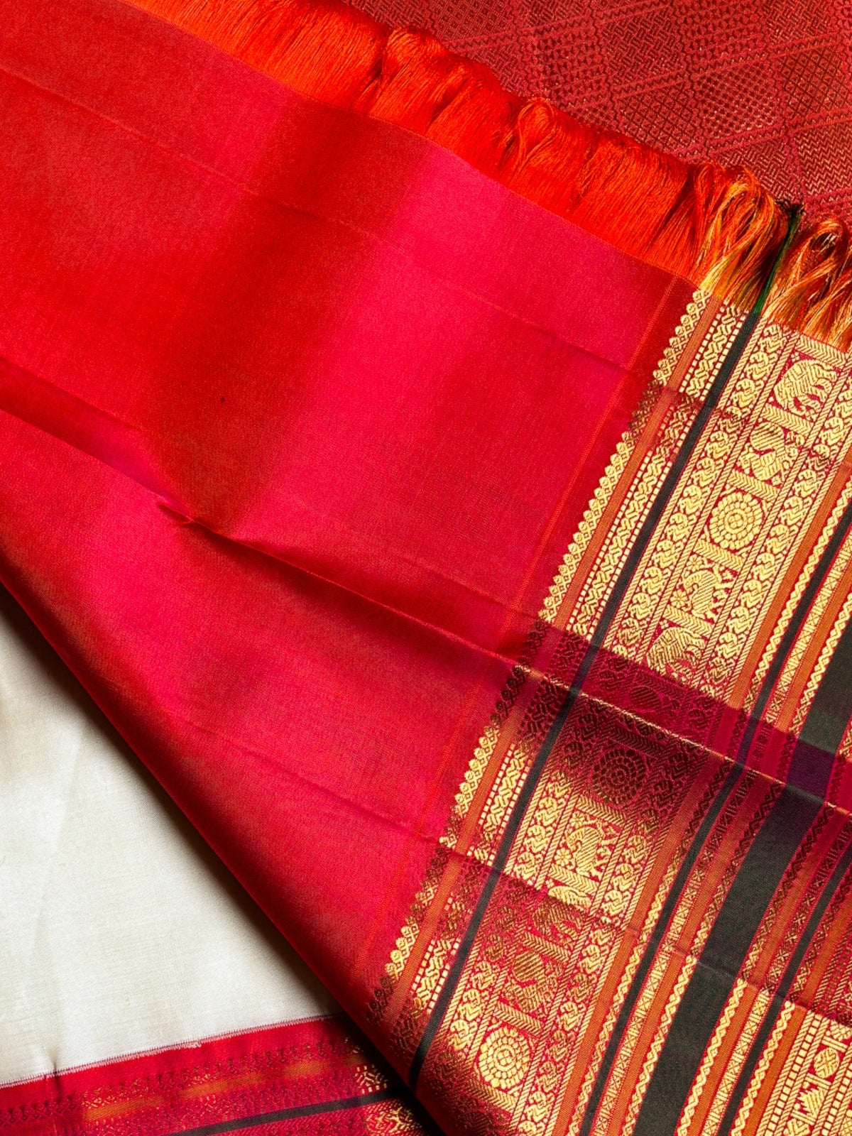 Ivory Cream with a Rich Maroon-Red and Antique Gold Zari Border