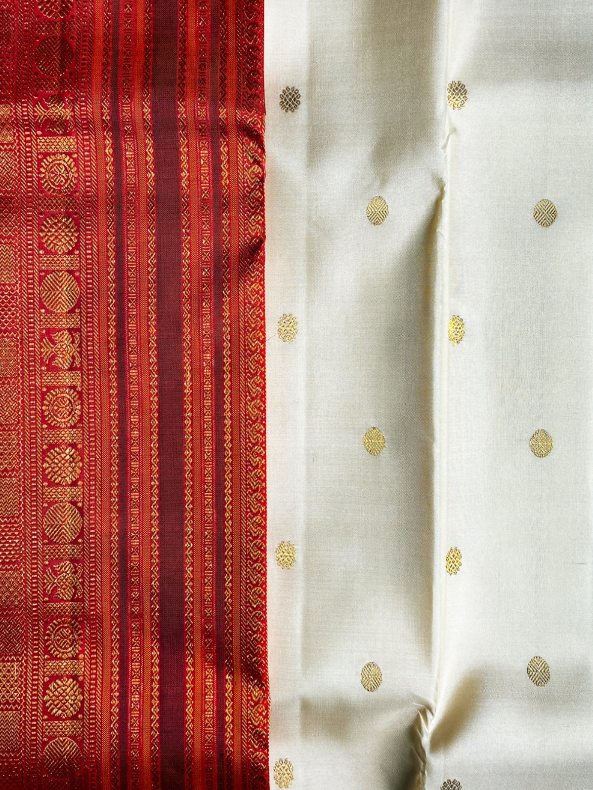 Ivory Cream with a Rich Maroon-Red and Antique Gold Zari Border