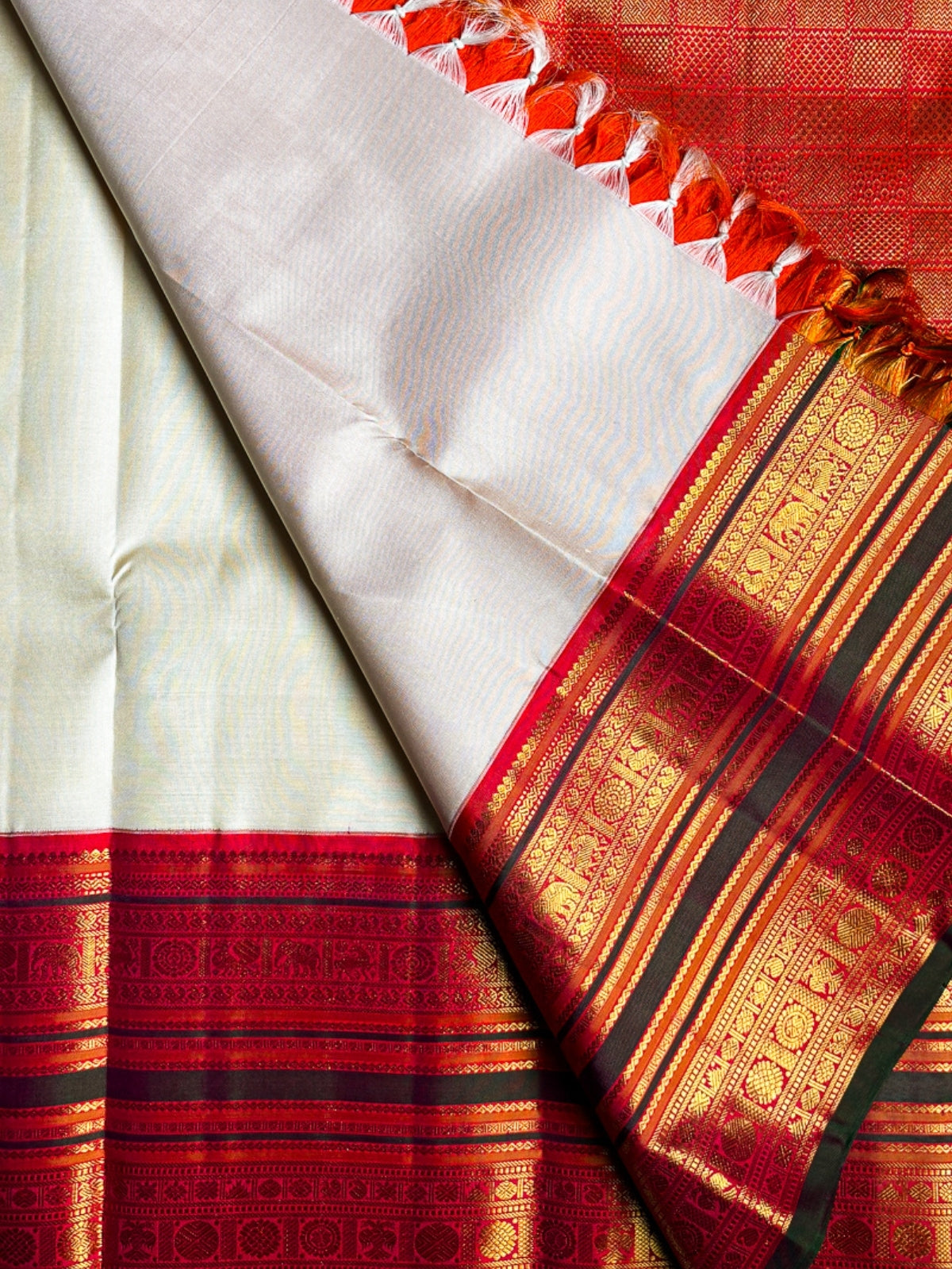 Ivory Cream with a Rich Maroon-Red and Antique Gold Zari Border