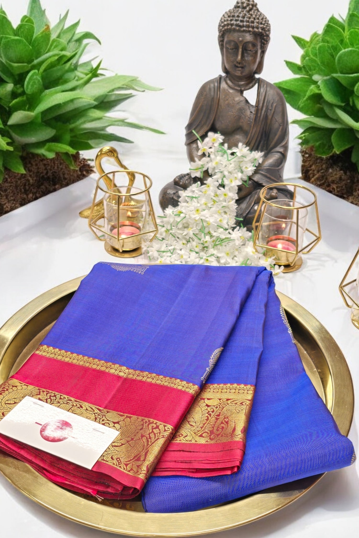Navy Blue with Red and Gold Zari Kanchipuram Silk Saree with Majestic Craftsmanship