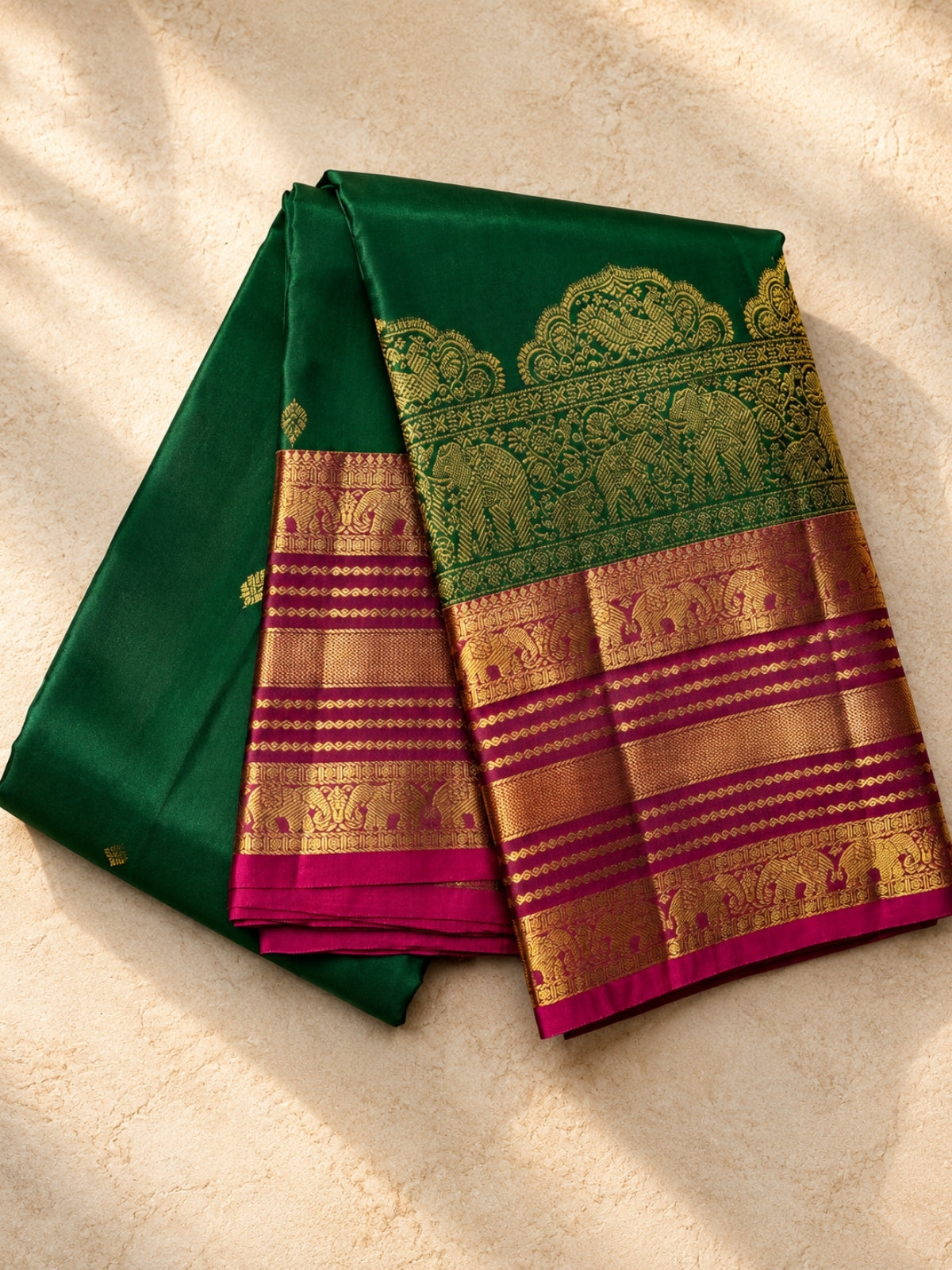 Dark Green and Burgundy Silk Saree – A Fusion of Rich