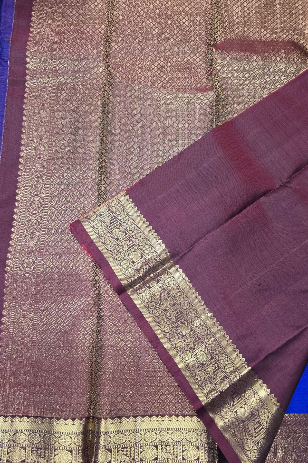 Blue with Maroon Zari Kanchipuram Silk Saree with Majestic Detailing