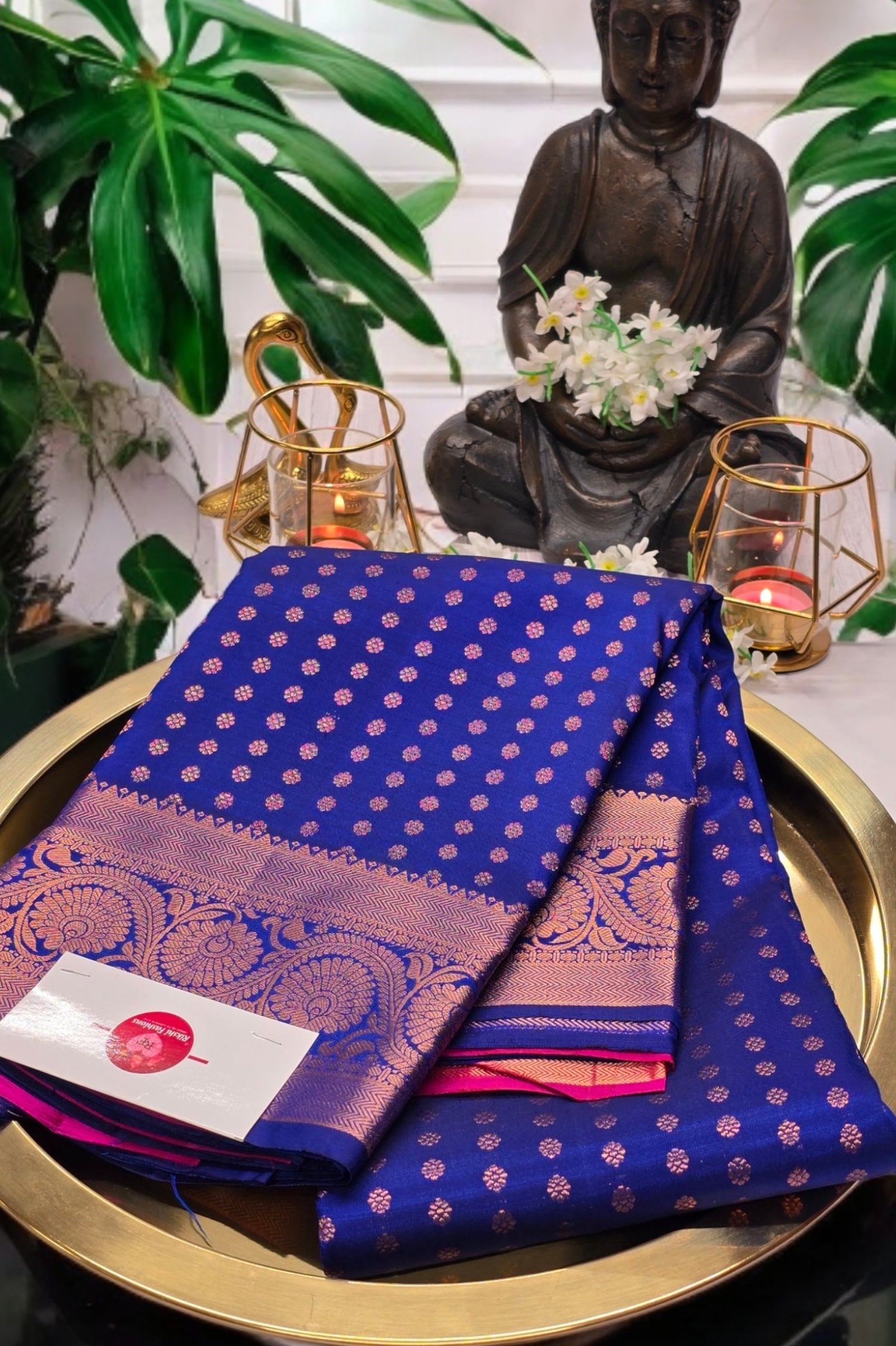 Royal Blue and Pink Kanchipuram Silk Saree with Golden Zari Elegance