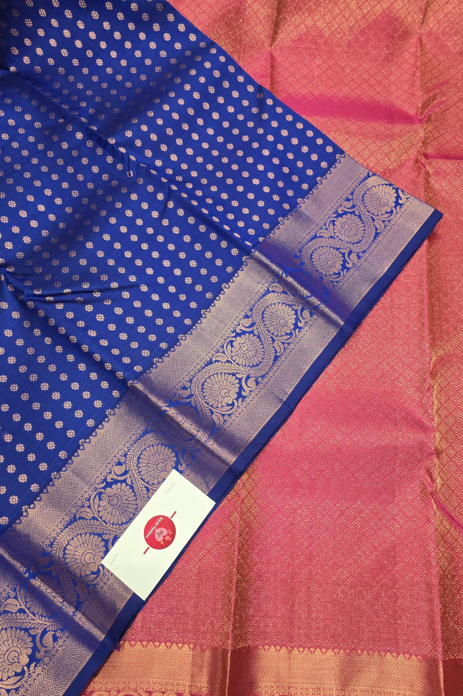 Royal Blue and Pink Kanchipuram Silk Saree with Golden Zari Elegance