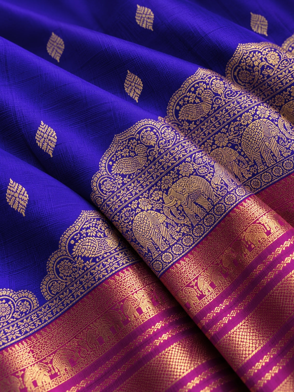 Royal Blue and Mulberry Pink Silk Saree – A Striking Colour Symphony
