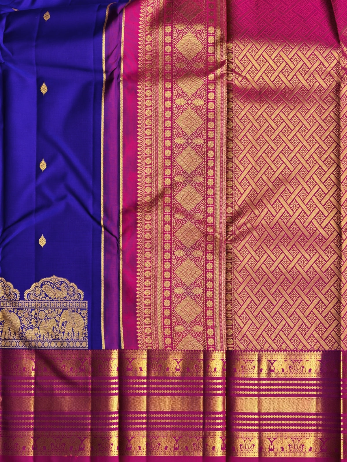 Royal Blue and Mulberry Pink Silk Saree – A Striking Colour Symphony