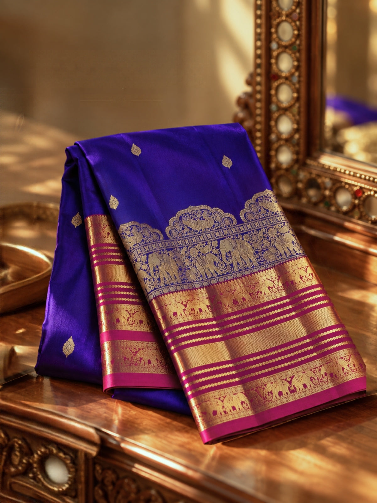 Royal Blue and Mulberry Pink Silk Saree – A Striking Colour Symphony