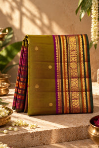 Army Green and Mulberry Pink Silk Saree – A Colour Fusion
