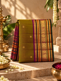 Army Green and Mulberry Pink Silk Saree – A Colour Fusion