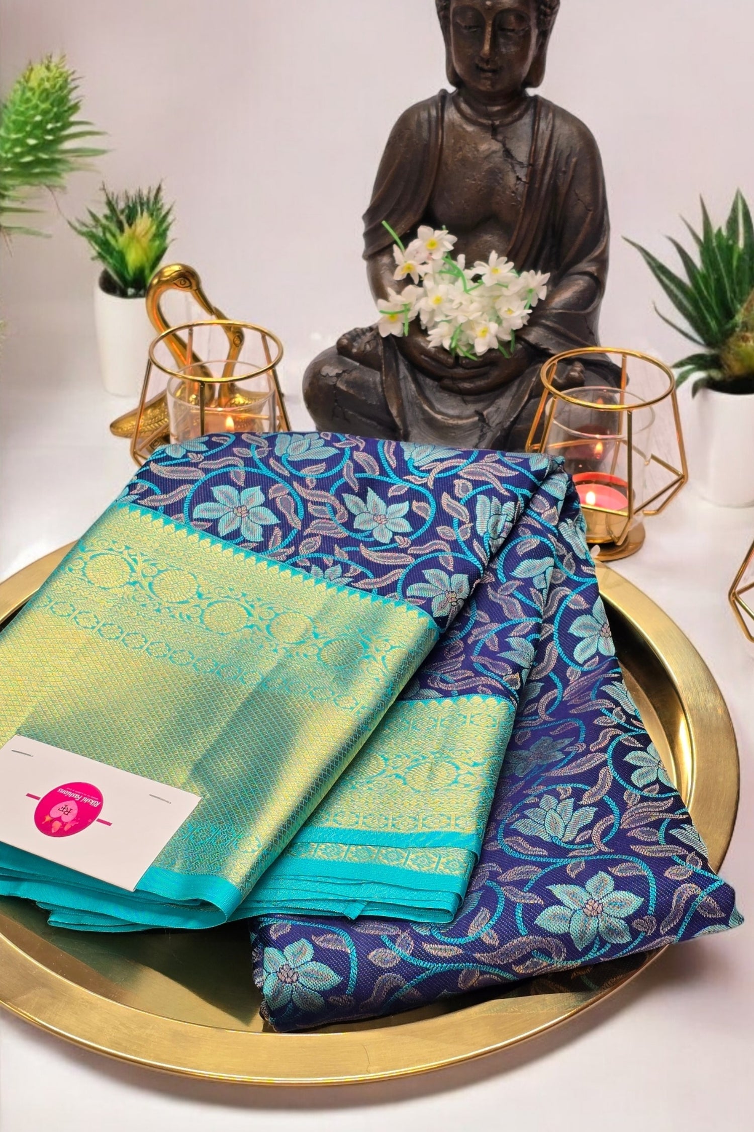 Royal Blue and Aqua Kanchipuram Silk Saree with Mesmerizing Zari Accents