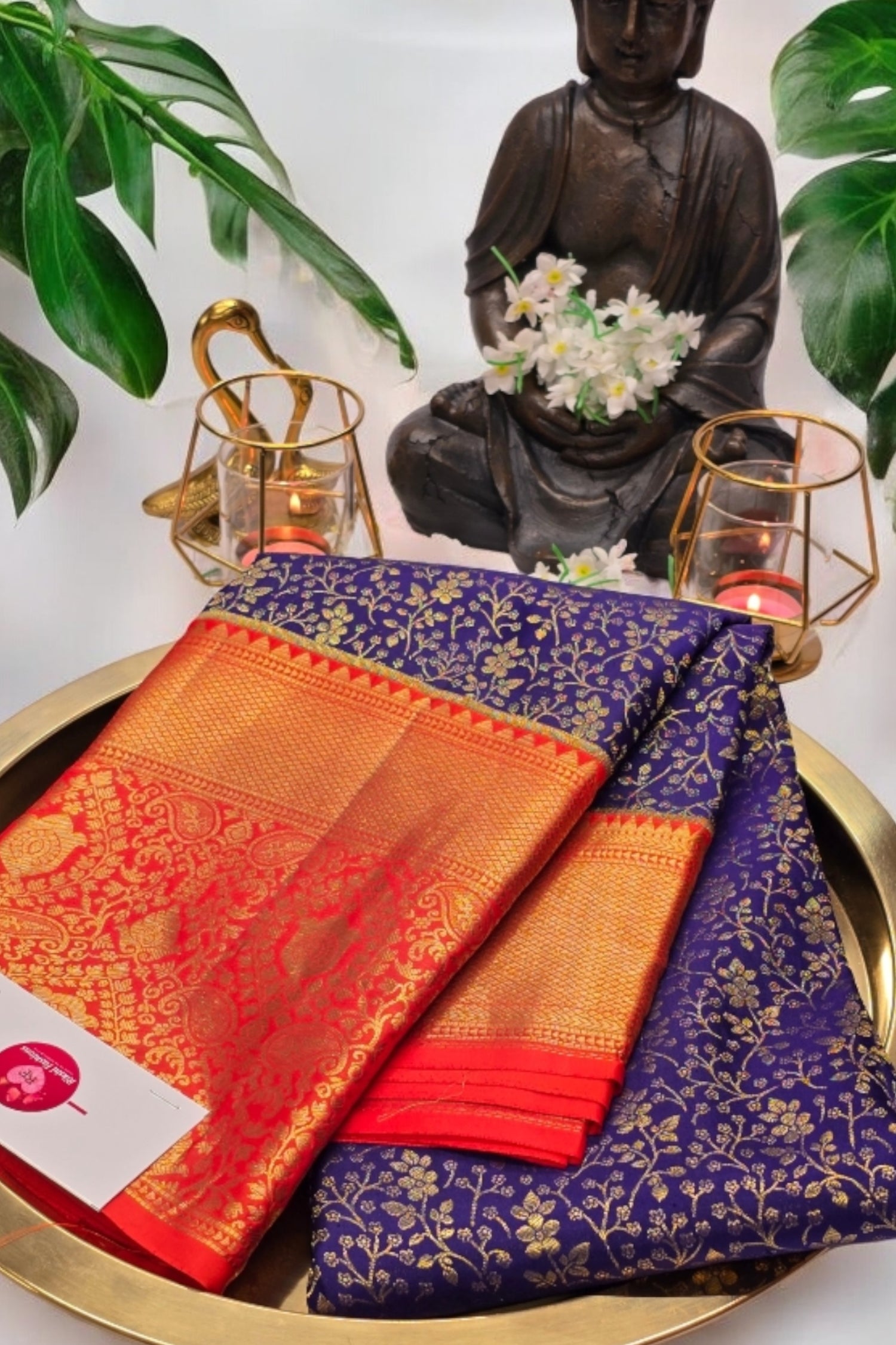 Royal Blue and Orange Kanchipuram Silk Saree with Radiant Zari Work