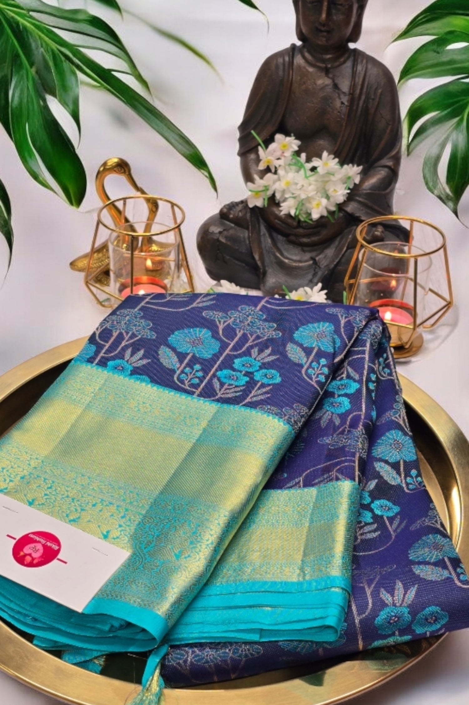 Navy Blue and Aqua Kanchipuram Silk Saree with Lustrous Zari Highlights