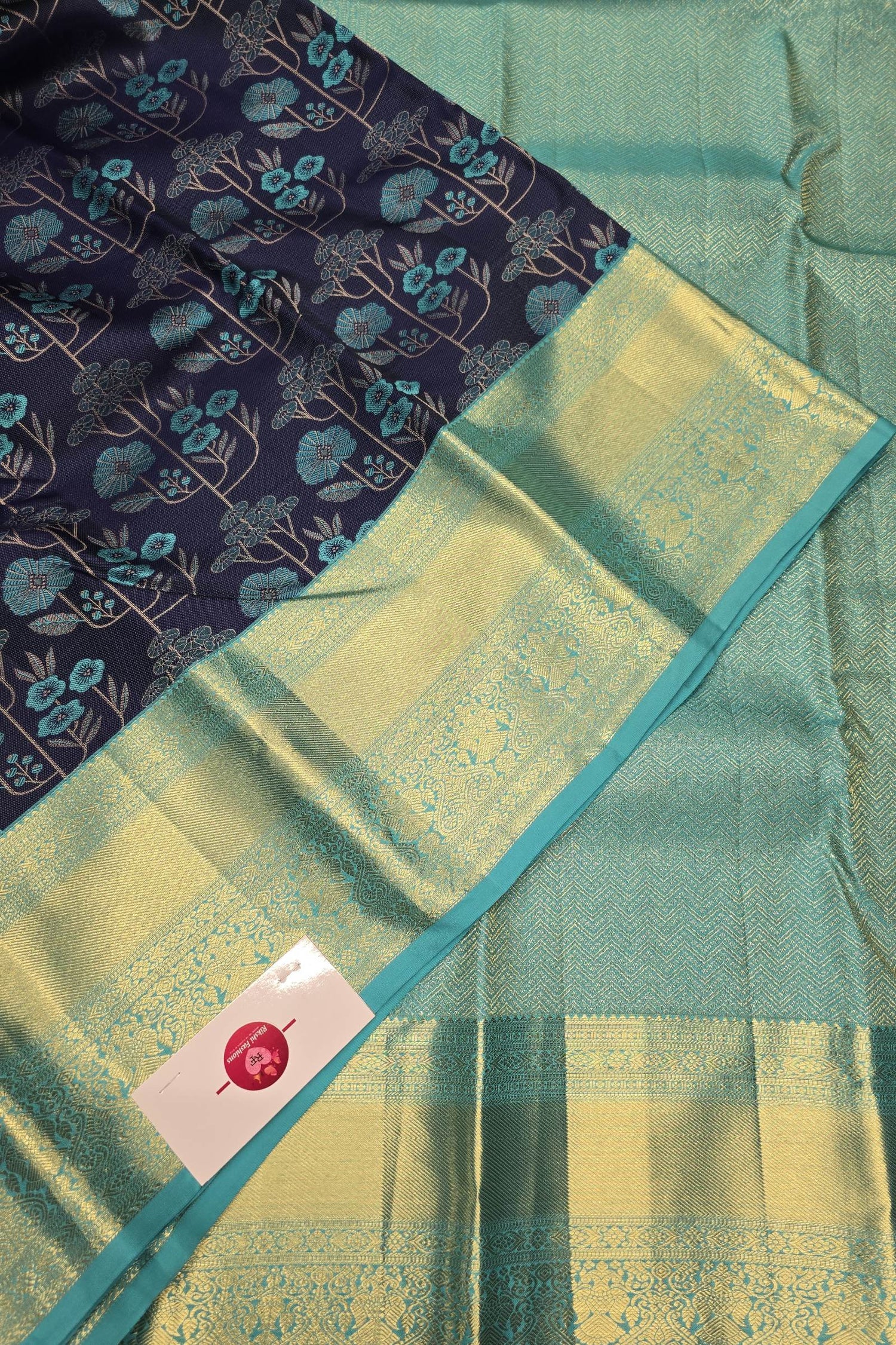 Navy Blue and Aqua Kanchipuram Silk Saree with Lustrous Zari Highlights
