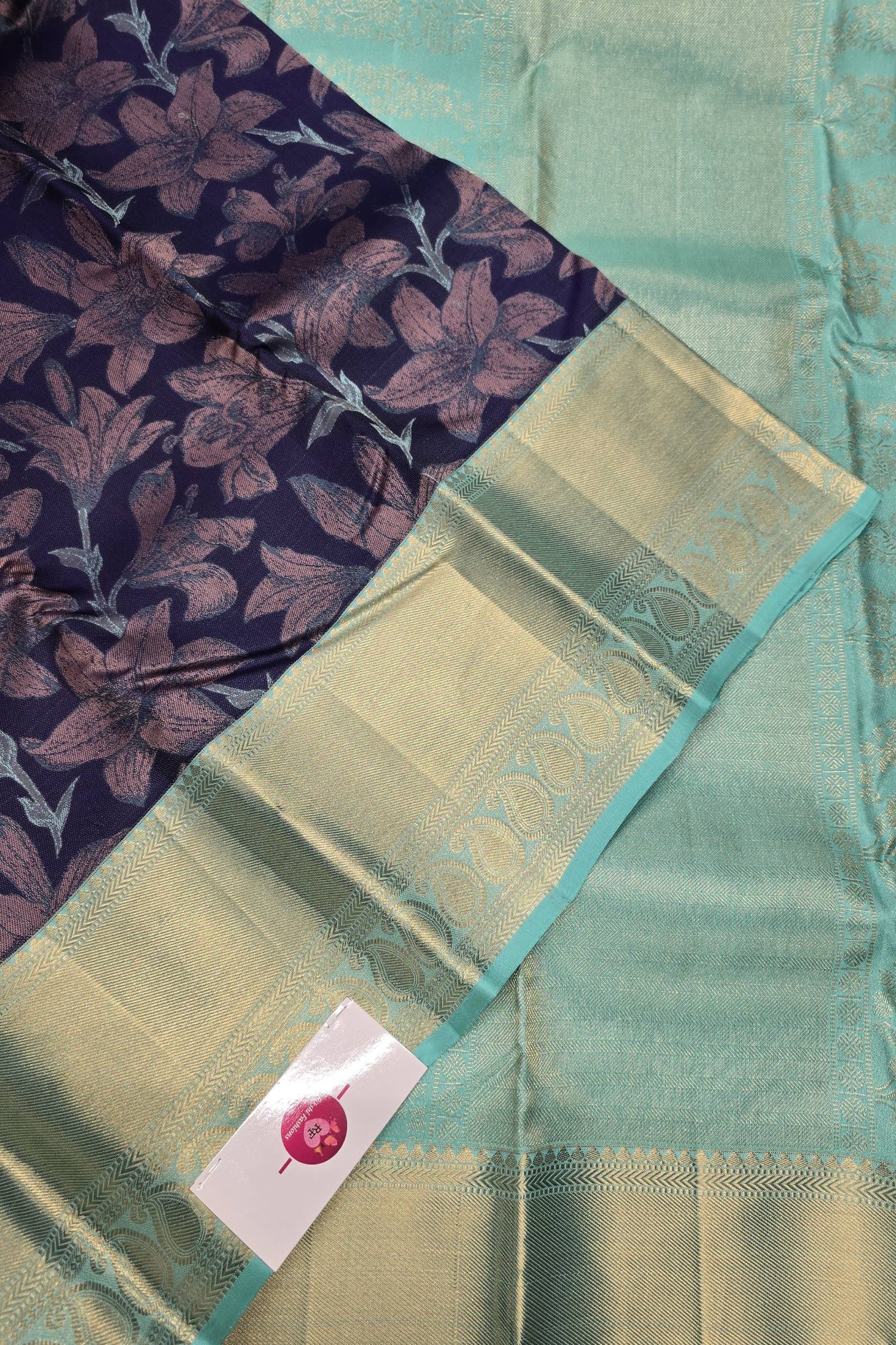 Navy Blue Floral Kanchipuram Silk Saree with Exquisite Zari Work