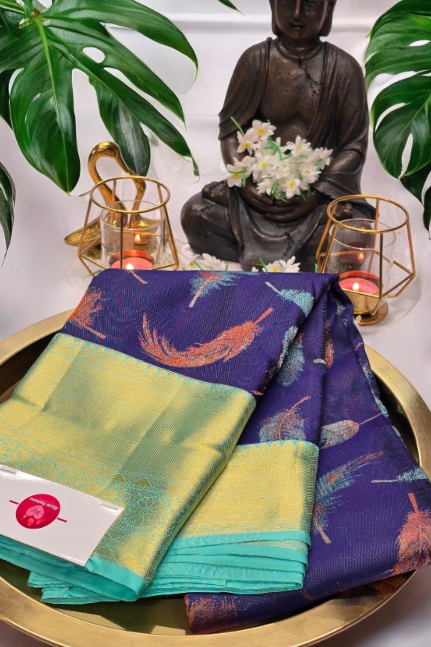 Navy Blue Feather Design Kanchipuram Silk Saree with Ornate Zari Highlights