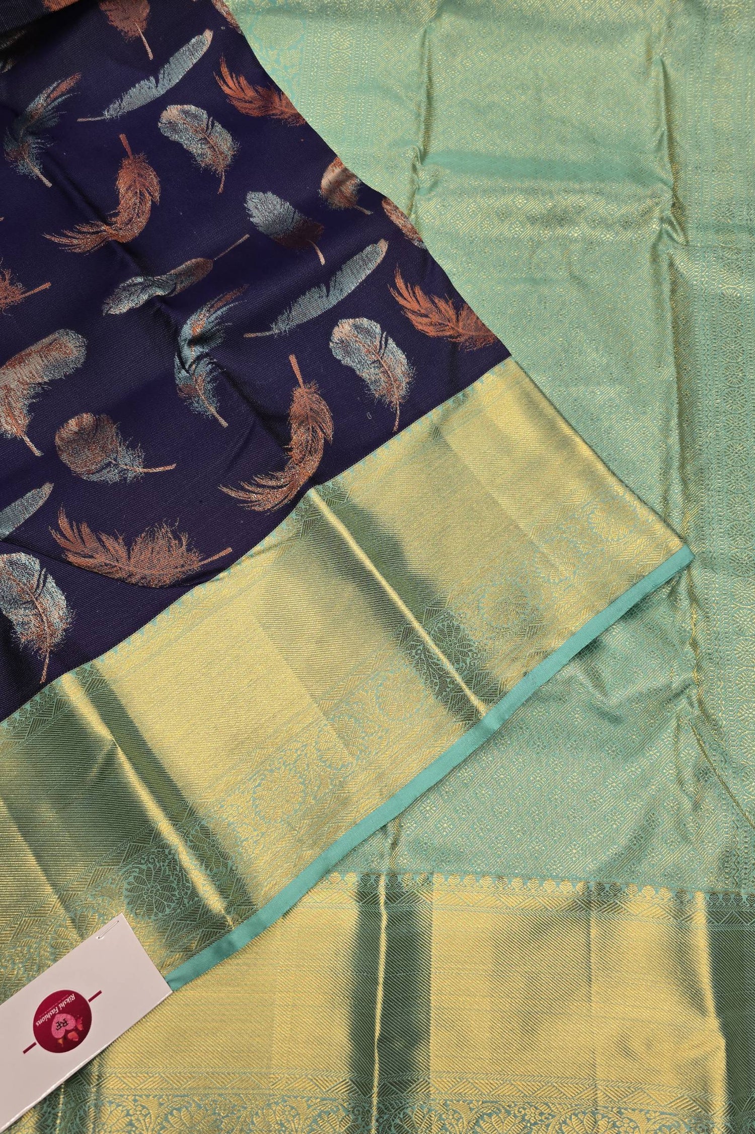Navy Blue Feather Design Kanchipuram Silk Saree with Ornate Zari Highlights