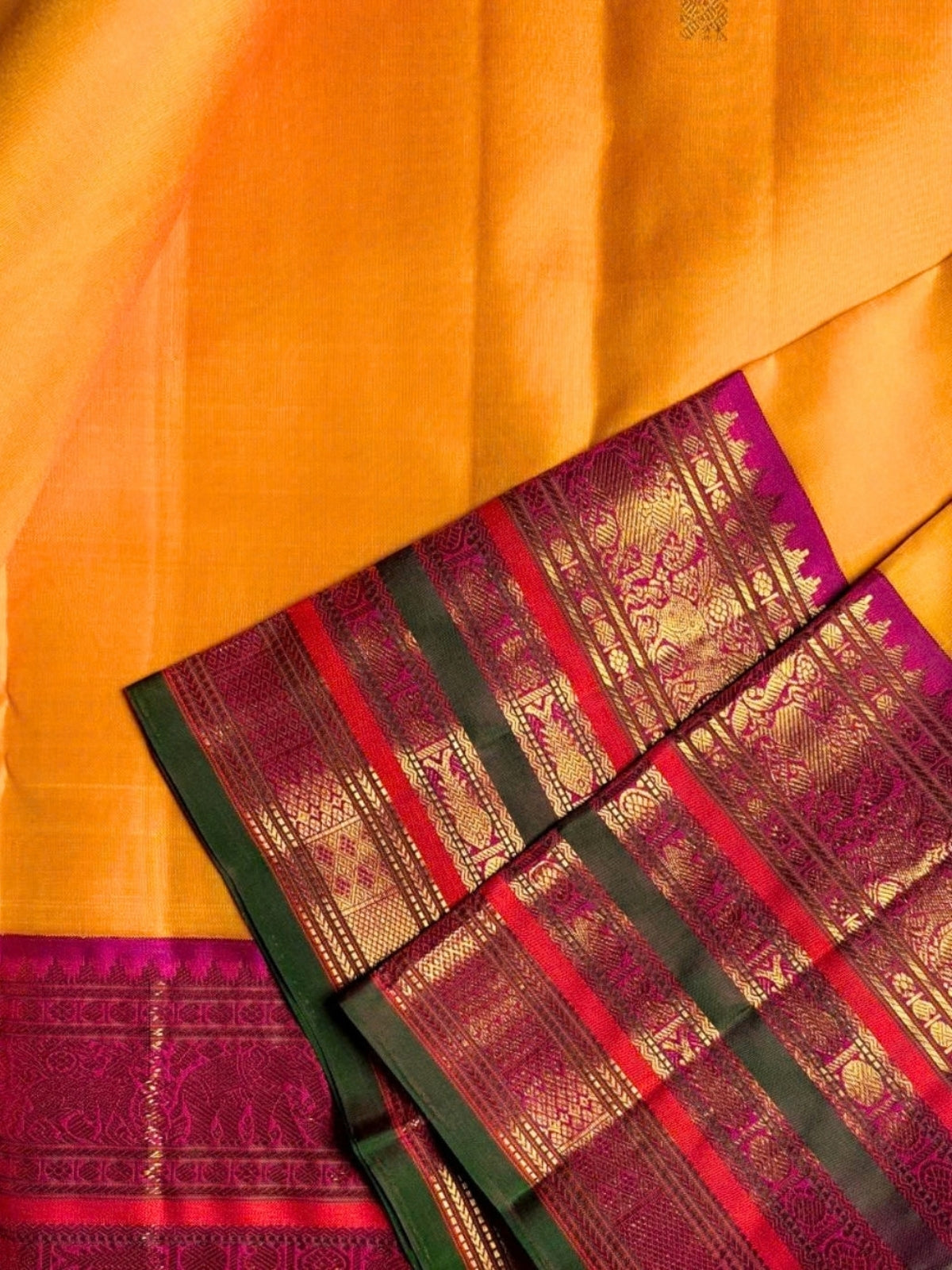 Yellow-Gold Silk Saree with Magenta Zari Border