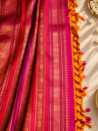 Yellow-Gold Silk Saree with Magenta Zari Border