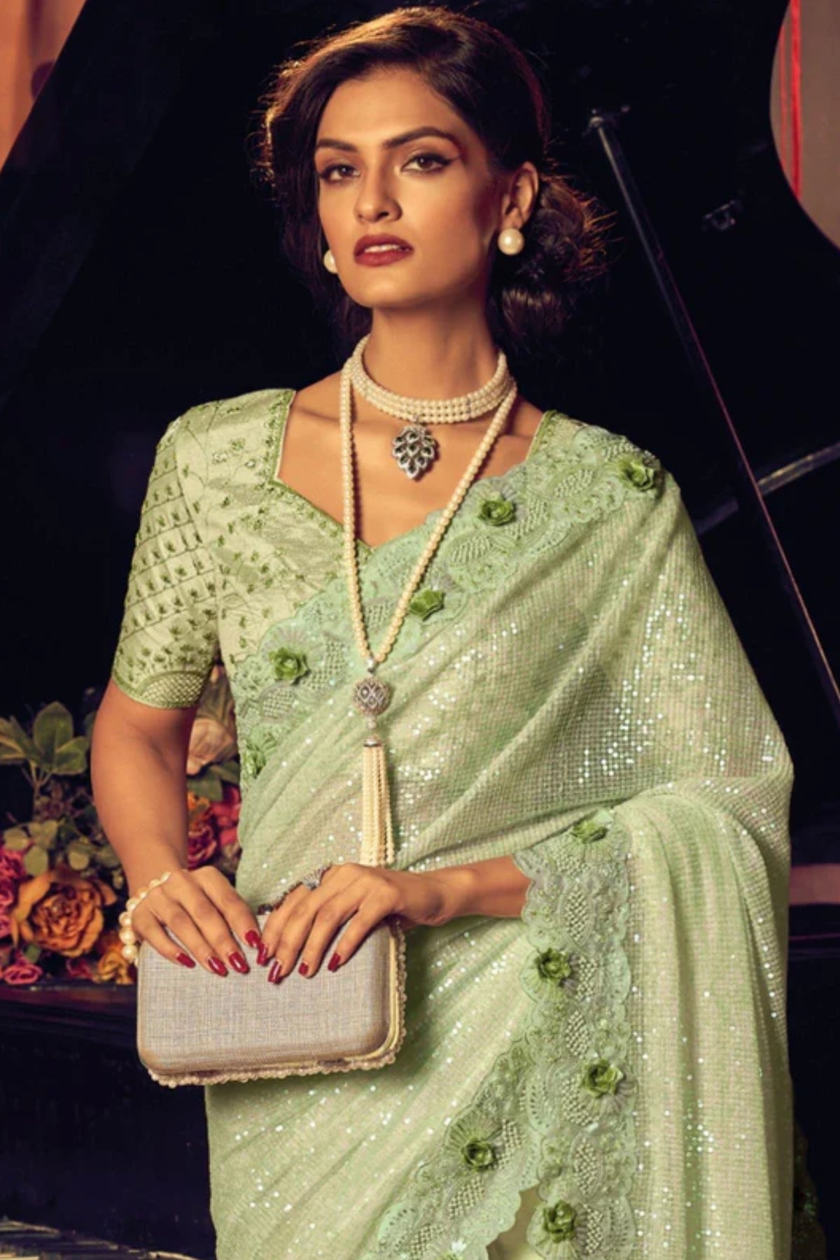 Timeless Elegance Tea Green Designer Net Saree