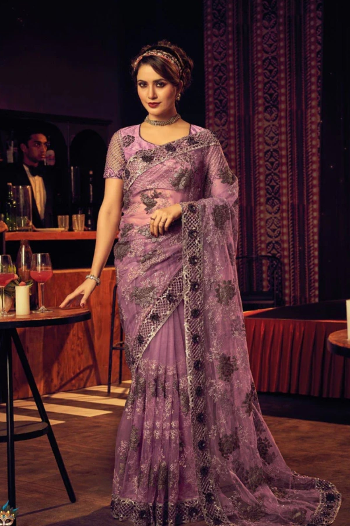 Thulian Pink Embellished Designer Net Saree