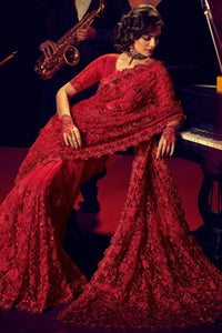 Trendy Red Net Saree with Cut Dana Embellishments