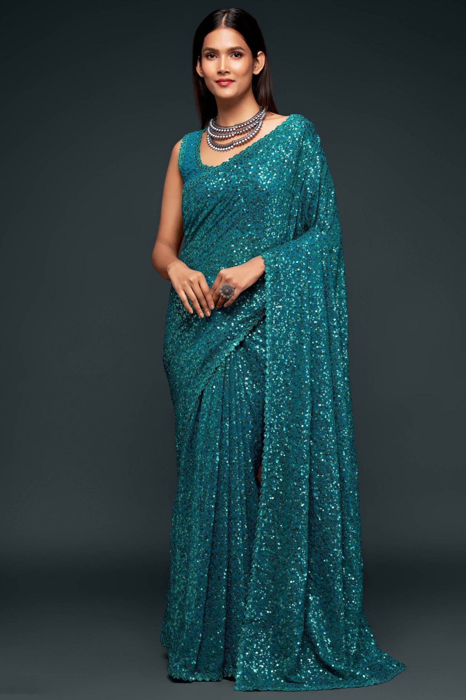 Teal Blue Fully Sequined Georgette Party Wear Saree