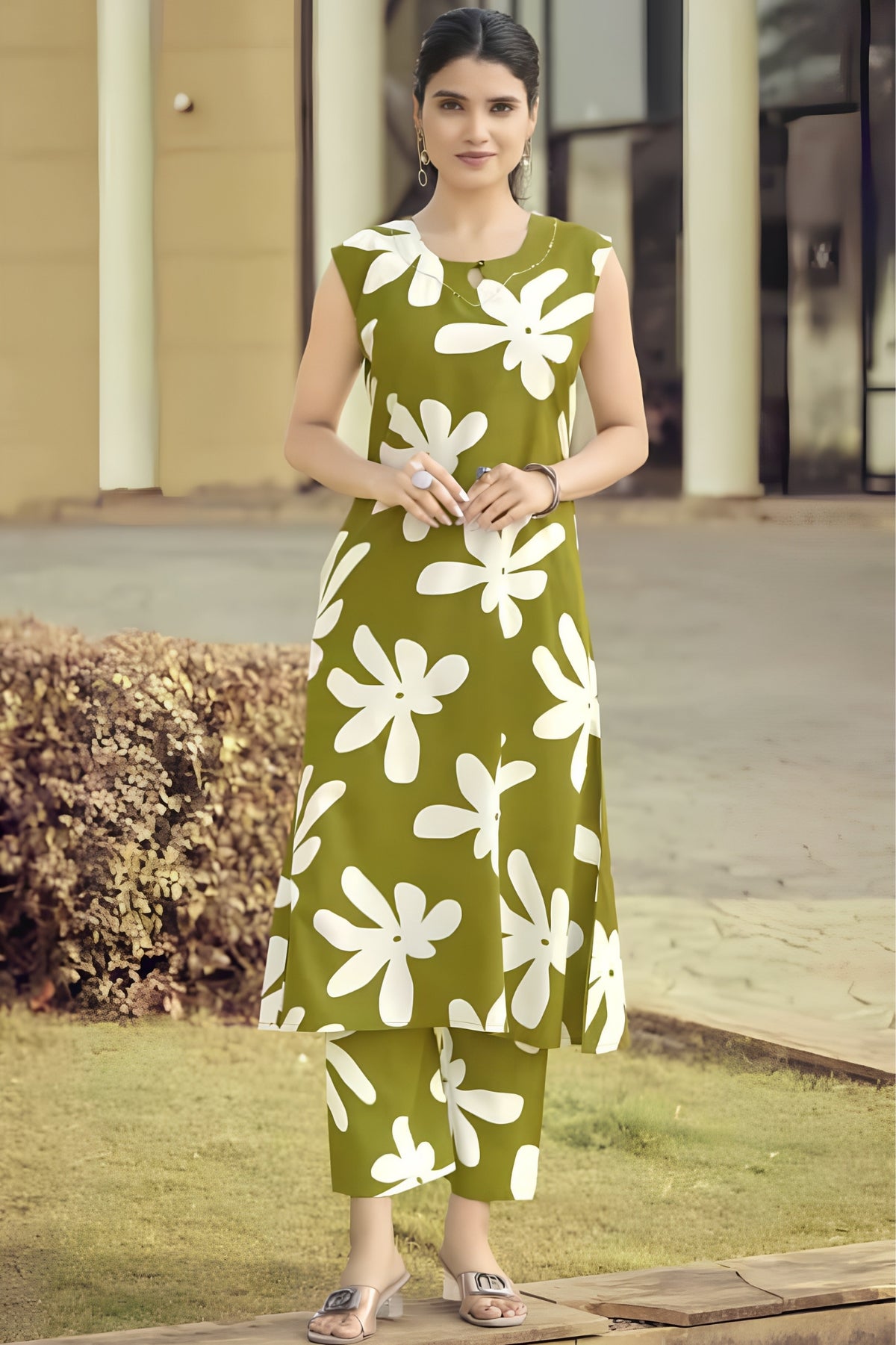 Olive Green Floral A-Line Sleeveless Cord Set with Hand Work
