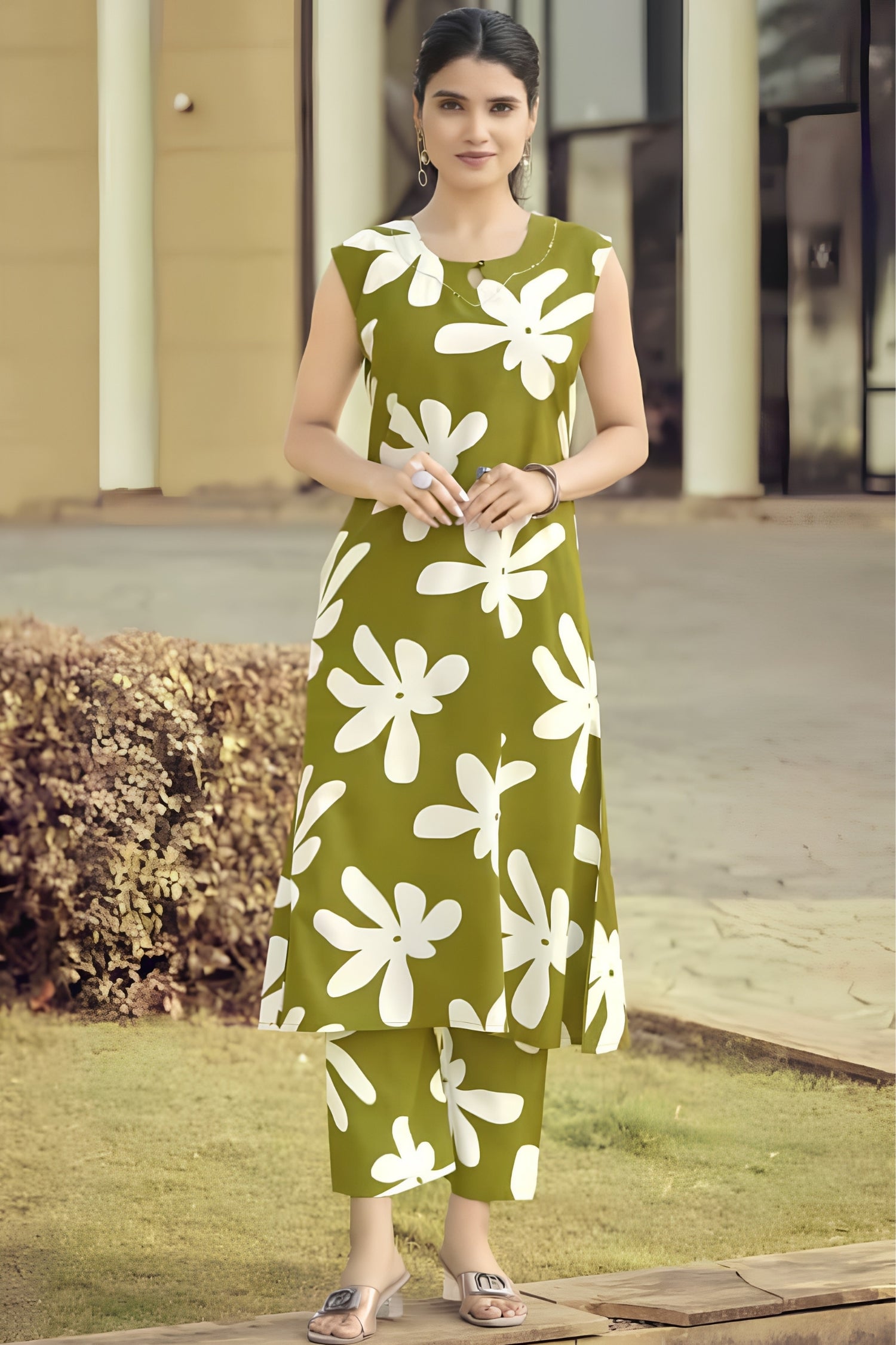 Olive Green Floral A-Line Sleeveless Cord Set with Hand Work