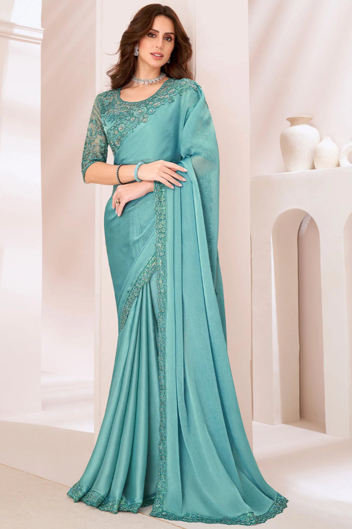 Turquoise Blue Designer Saree