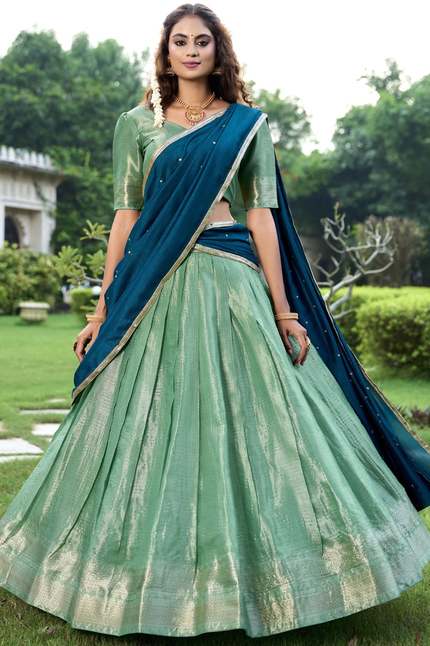 Unique Sea Green Zari Weaving Silk Function Lehenga Choli With Dupatta