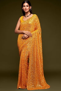 Yellow Fully Sequined Georgette Party Wear Saree