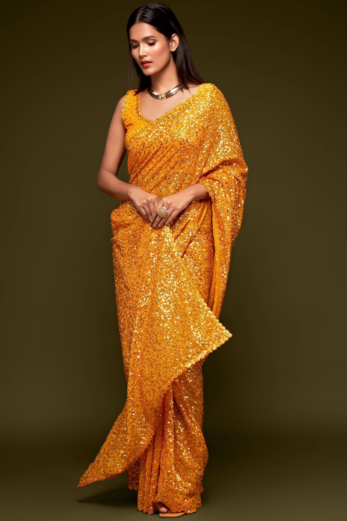 Yellow Fully Sequined Georgette Party Wear Saree