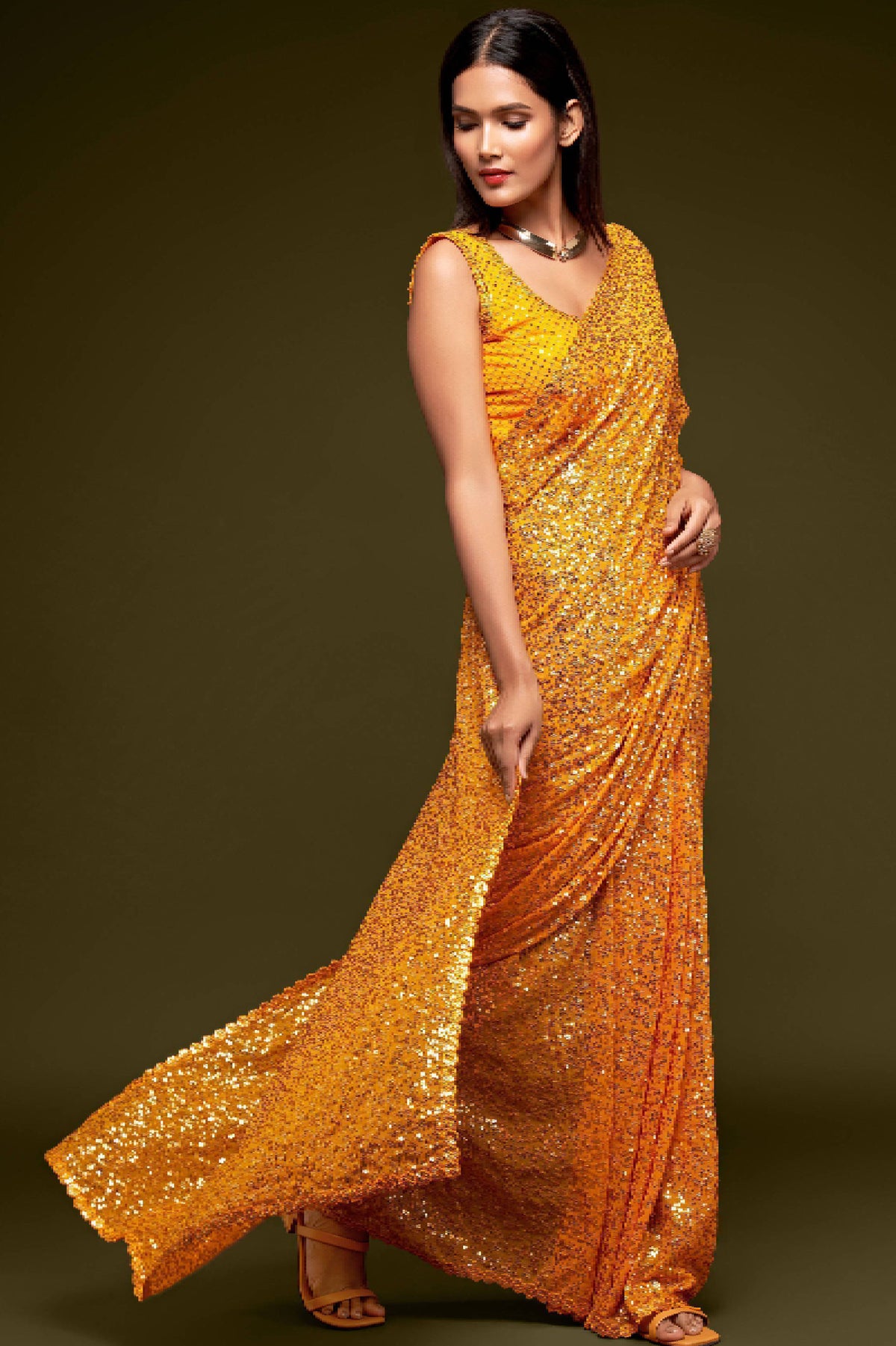 Yellow Fully Sequined Georgette Party Wear Saree