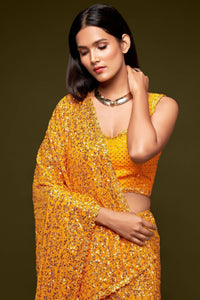 Yellow Fully Sequined Georgette Party Wear Saree