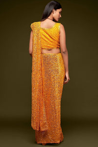 Yellow Fully Sequined Georgette Party Wear Saree