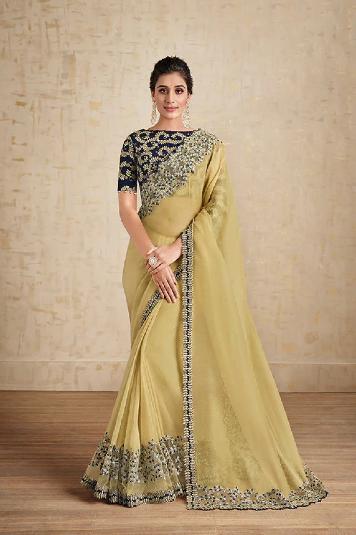 Yellow Floral Embroidered Net Organza Saree with Unstitched Blouse